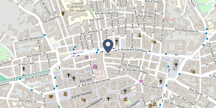 Plan de situation du cabinet, 34 boulevard Gambetta à Nîmes, à proximité de l'Écusson